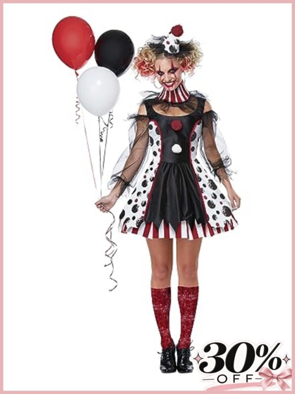 Creepy Clown Women's Halloween Costume Includes Dress Hat Collar Petticoat Socks